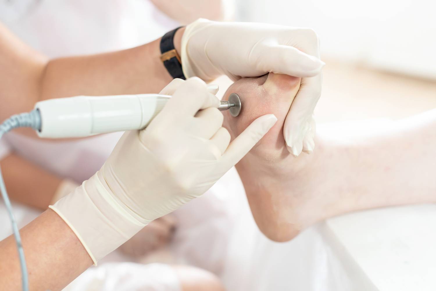 Beauty course training - leaning pedicure step by step. Training for pro nail technician, beauty expert. Practitioner training in pedicure, beauty salon. Nail Technician Instructor with her student.